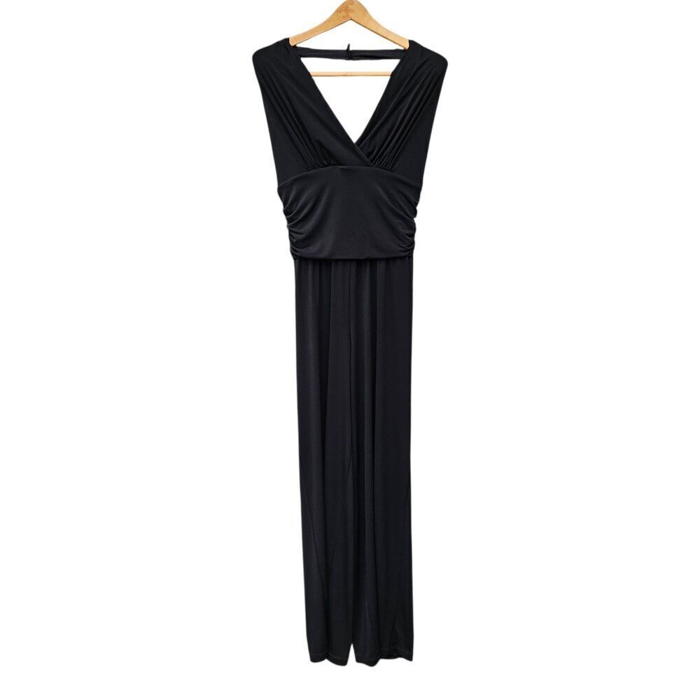 London Times Black Halter Wide Leg Jumpsuit Sz 16  Open Back Rouched Waist